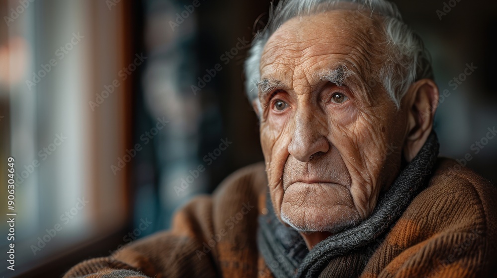 A portrait of an elderly man with a thoughtful expression, looking off-camera. His face shows the signs of a long life. He is wearing a brown sweater. A portrait of an elderly man with a thoughtful expression, looking off-camera. His face shows the signs of a long life. He is wearing a brown sweater.