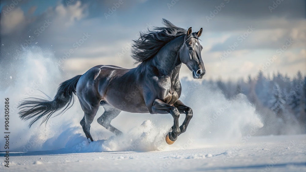 Mystic black horse galloping through snow, showcasing raw power and dark elegance in a serene, masculine atmosphere Mystic black horse galloping through snow, showcasing raw power and dark elegance in a serene, masculine atmosphere