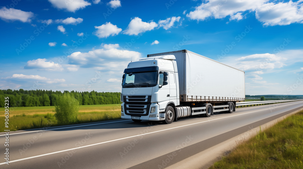 Photo of European truck on motorway in blue sky. Photo of European truck on motorway in blue sky.