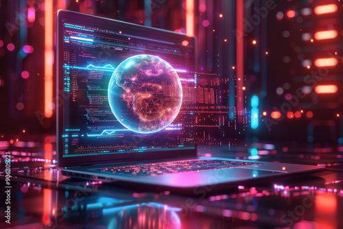 laptop with globe emerging from screen, futuristic, bright neon background