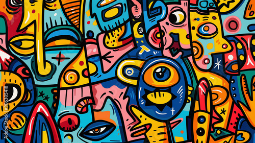 A colorful painting of various faces and objects