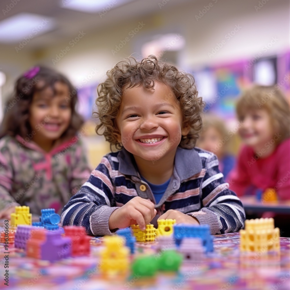 A young boy smiles brightly while playing with colorful building blocks, surrounded by other children in a classroom setting. A young boy smiles brightly while playing with colorful building blocks, surrounded by other children in a classroom setting.