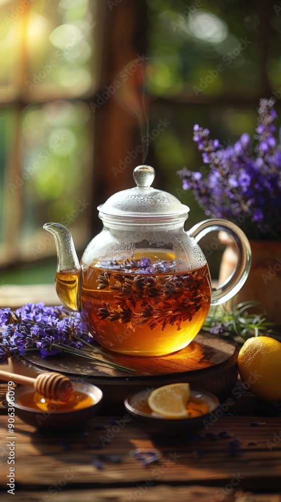 A glass teapot filled with lavender tea sits on a wooden table, surrounded by lavender flowers, honey, and lemons A glass teapot filled with lavender tea sits on a wooden table, surrounded by lavender flowers, honey, and lemons