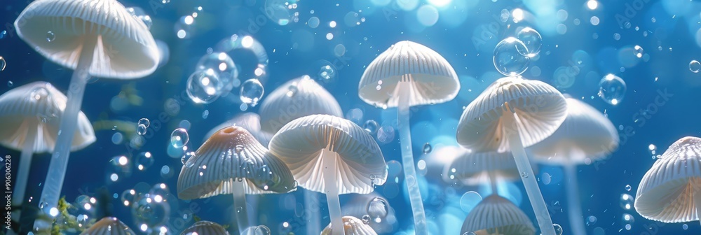 Fantasy style image of silver mushrooms under a blue sky with bubbles shot on wide angle lens on Provia film digitally enhanced Fantasy style image of silver mushrooms under a blue sky with bubbles shot on wide angle lens on Provia film digitally enhanced