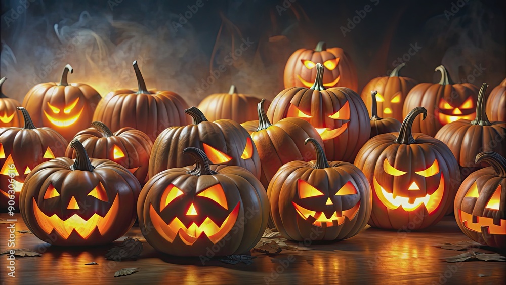 Fototapeta premium Background of spooky Jack O? Lantern pumpkins glowing in the dark , Halloween, pumpkins, Jack O? Lanterns, background, spooky