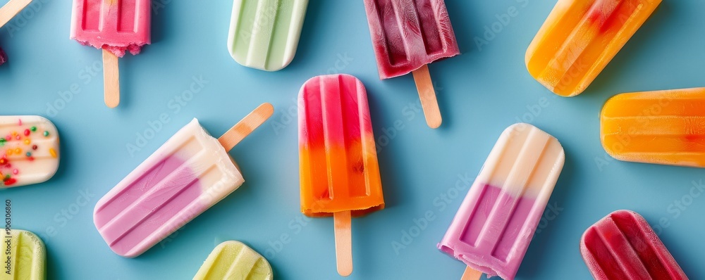 Colorful Ice Pops Arranged on a Bright Blue Surface for Summer Enjoyment Colorful Ice Pops Arranged on a Bright Blue Surface for Summer Enjoyment