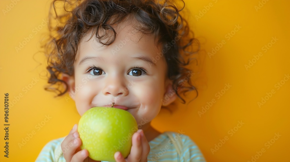 Adorable latin toddler smiling happy eating green apple looking to the camera over isolated yellow background : Generative AI Adorable latin toddler smiling happy eating green apple looking to the camera over isolated yellow background : Generative AI