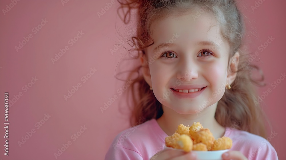 Cheerful beautiful girl smiling while eating nuggets on camera isolated over pink background : Generative AI Cheerful beautiful girl smiling while eating nuggets on camera isolated over pink background : Generative AI