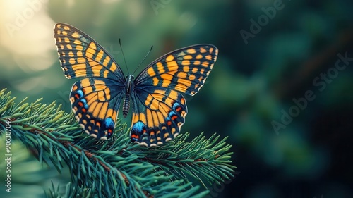 Perfectly balanced butterfly on a coniferous branch, delicate nature, fragile balance