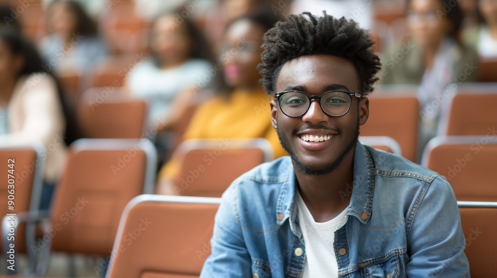 Fototapeta premium Happy african american university student sitting in college lecture hall, smiling with joy
