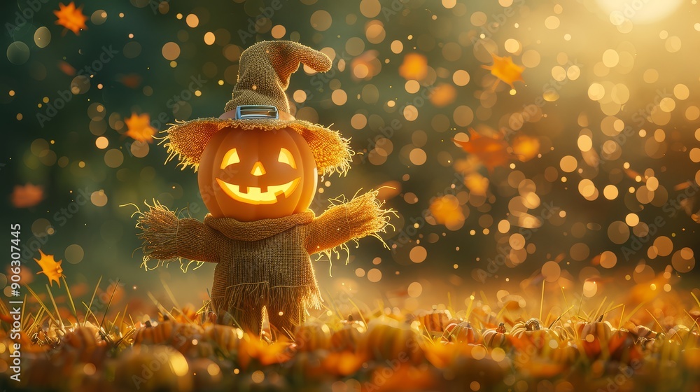 Naklejka premium Adorable 3D illustration of a scarecrow with a pumpkin head in a festive Halloween field