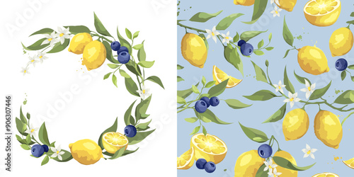 Summer pattern with lemon and blueberry branch. Seamless background and print for decorating kitchen textiles in a country style. Freehand drawing vector illustration.