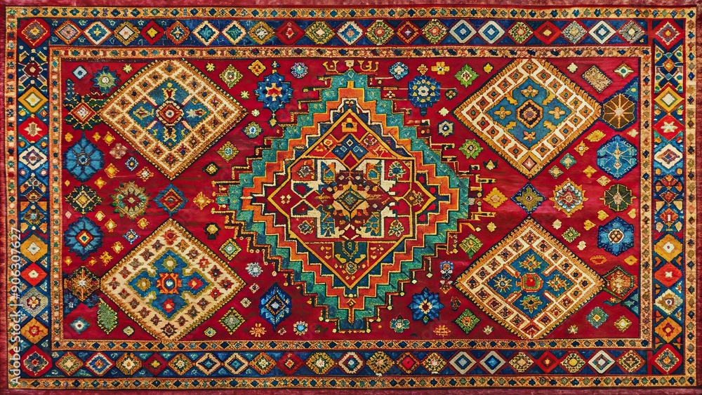 Traditional oriental Uzbek carpet with intricate patterns and vibrant colors, Uzbekistan, Central Asia, handmade, textile Traditional oriental Uzbek carpet with intricate patterns and vibrant colors, Uzbekistan, Central Asia, handmade, textile