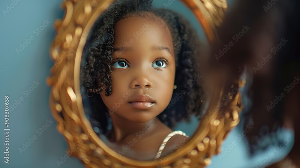 Close up portrait of playful black girl looking at camera in mirror reflection copy space : Generative AI Close up portrait of playful black girl looking at camera in mirror reflection copy space : Generative AI