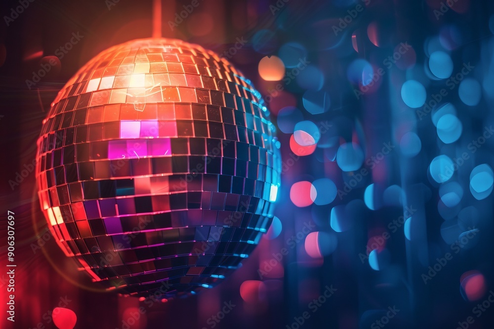 Obraz premium Vibrant disco ball sphere with colorful lights for party nights wallpaper, ample copy space