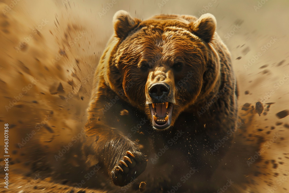 bear is running through a field of rubble with a gun in its mouth. The bear is in a state of panic and fear, as it is surrounded by debris and gunfire. The scene is chaotic and dangerous bear is running through a field of rubble with a gun in its mouth. The bear is in a state of panic and fear, as it is surrounded by debris and gunfire. The scene is chaotic and dangerous