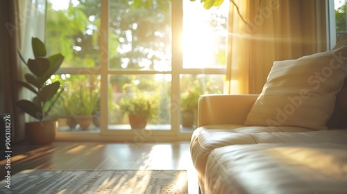 Blur living room at home with morning sunlight at big window for background usage blur interior background concept white britht tone : Generative AI photo