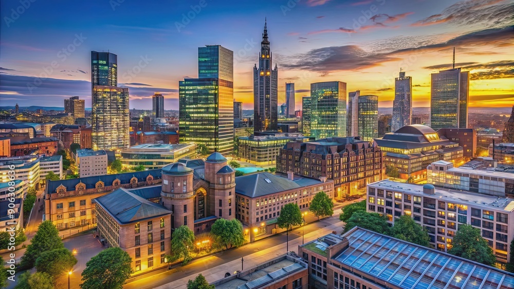 Fototapeta premium Twilight Manchester skyline with illuminated buildings, Manchester, skyline, twilight, illuminated, cityscape