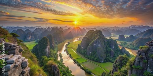 Beautiful sunset landscape view from the top of Mua Cave mountain, Ninh Binh, Tam Coc in Vietnam, sunset, landscape photo