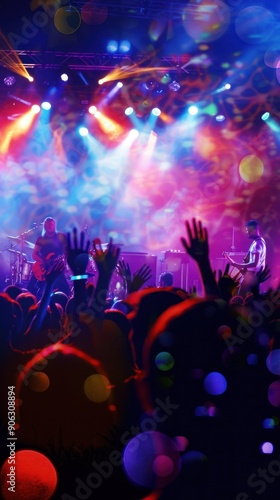 Crowd with hands raised at a vibrant nighttime concert