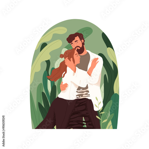 Concept of unity in romantic relationship. Togetherness in happy couple. Woman and man love each other, embrace. Girlfriend and boyfriend hug. Flat isolated vector illustration on white background