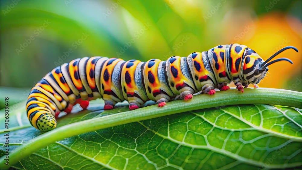 Close-up of a colorful caterpillar munching on a green leaf in the garden, caterpillar, leaf, eating, green, garden, insect Close-up of a colorful caterpillar munching on a green leaf in the garden, caterpillar, leaf, eating, green, garden, insect