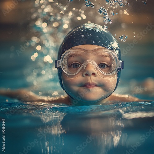 Six-Year-Old Child at Swimming Lesson in Cap and Goggles
