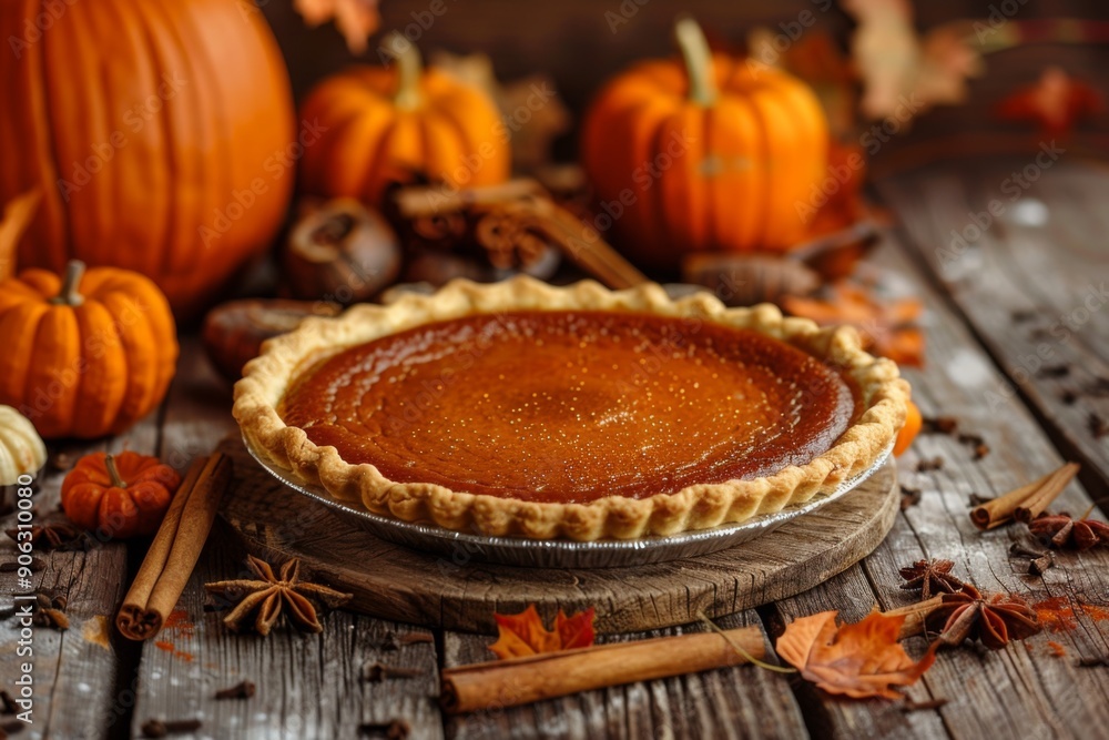 photo of pumpkin pie with an amber color, on the table surrounded by pumpkins and cinnamon sticks photo of pumpkin pie with an amber color, on the table surrounded by pumpkins and cinnamon sticks