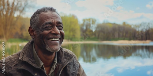 Man smiling by lake