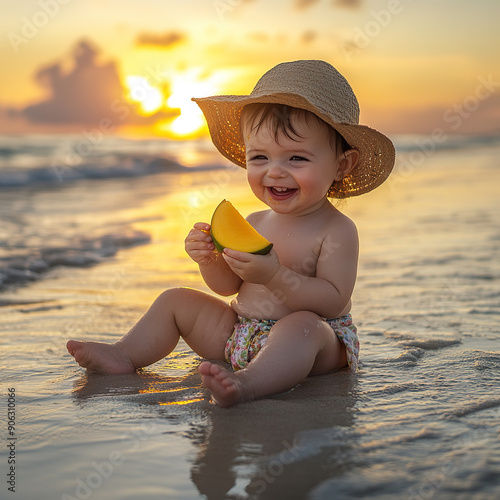 child holding some fruit on a background to advices photo