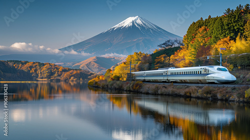 Shinkansen Train Passing By Lake With Mount Fuji in Autumn During Sunrise