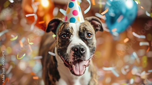 Cute happy dog celebrating at a birthday party wearing a party hat with falling confetti : Generative AI