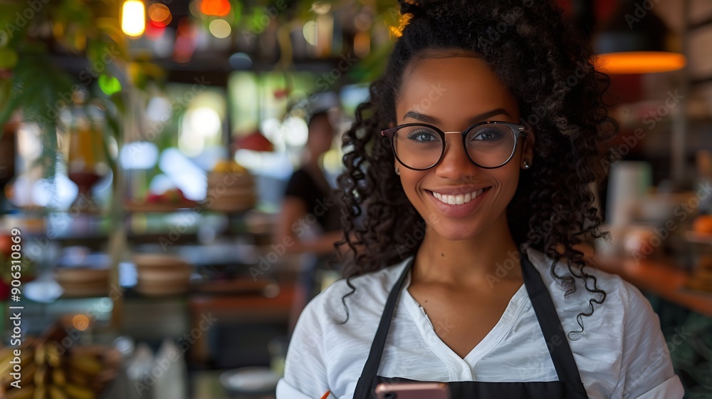 Happy young woman and restaurant owner holds her phone expertly using mobile technology to manage her small business with ease Female entrepreneur making success in the hospitality ind : Generative AI Happy young woman and restaurant owner holds her phone expertly using mobile technology to manage her small business with ease Female entrepreneur making success in the hospitality ind : Generative AI