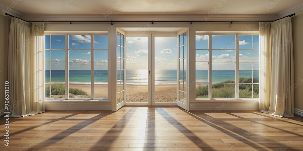 Warm room with French window overlooking beach scenery , cozy, interior design, relaxation, vacation, tropical, paradise Warm room with French window overlooking beach scenery , cozy, interior design, relaxation, vacation, tropical, paradise