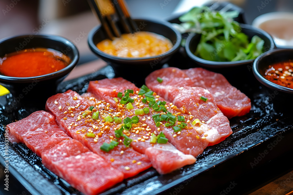 Top view of raw beef meat slices on a wooden table. Chinese, Korea food concept Top view of raw beef meat slices on a wooden table. Chinese, Korea food concept