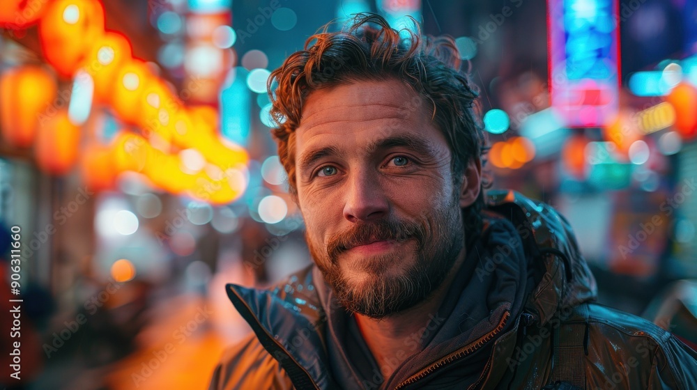 Man in jacket smiles warmly in vibrant city night. Man in jacket smiles warmly in vibrant city night.