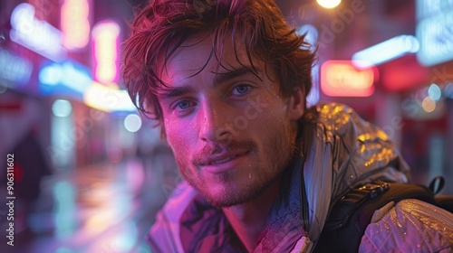 Man with wavy hair in jacket with neon lights behind