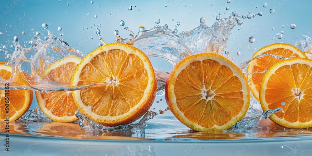 Vibrant orange slices splashing into clear water, orange, water, splash, fruit, juicy, refreshing, summer, citrus, healthy, vitamin C Vibrant orange slices splashing into clear water, orange, water, splash, fruit, juicy, refreshing, summer, citrus, healthy, vitamin C