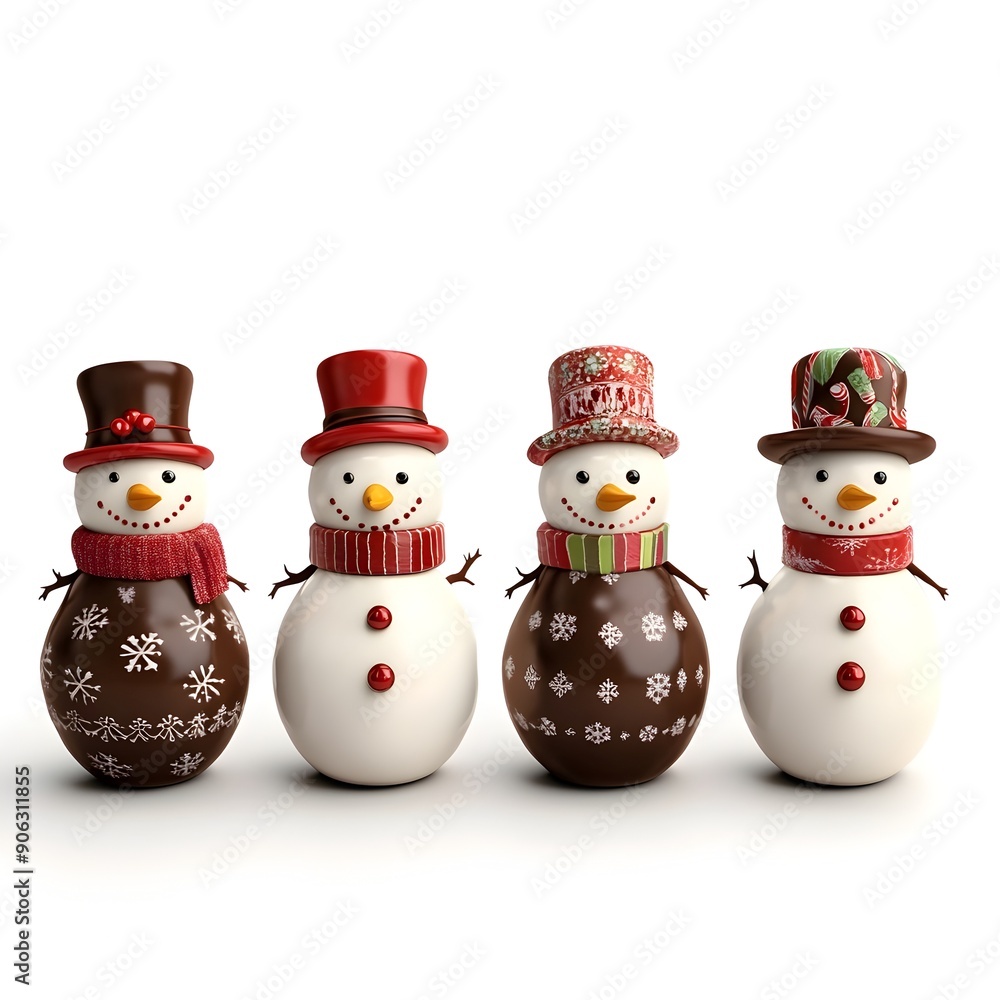 Ornate Christmas Snowman Shapes with Chocolate Gift on White Background Ornate Christmas Snowman Shapes with Chocolate Gift on White Background