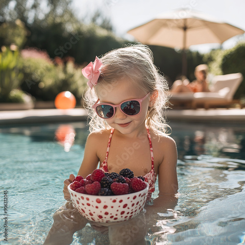 child holding some fruit on a background to advices photo