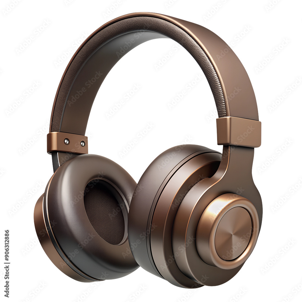 Golden brown copper headphones on a metal surface isolated on transparent background Golden brown copper headphones on a metal surface isolated on transparent background