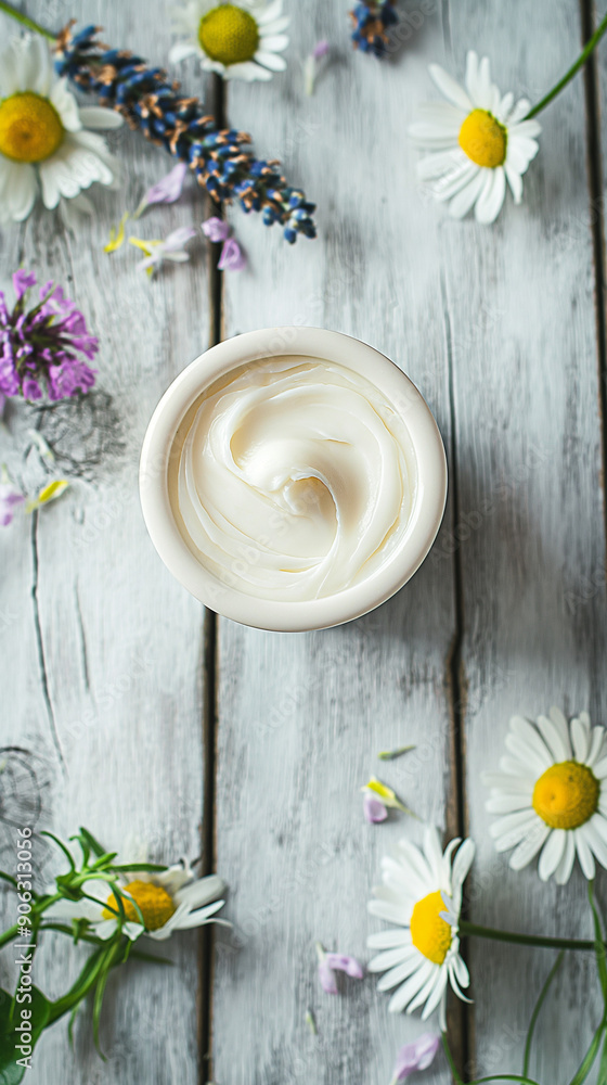 Mockup of a jar with cream stands on a wooden table. Top view. Smooth white jar filled with white cream. Eco style - chamomile, lavender flowers. skin care, body, face. There is a place for text. Mockup of a jar with cream stands on a wooden table. Top view. Smooth white jar filled with white cream. Eco style - chamomile, lavender flowers. skin care, body, face. There is a place for text.