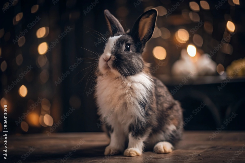 Obraz premium A small, fluffy white and black rabbit as a pet in the interior of the apartment. The New Year of the rabbit.