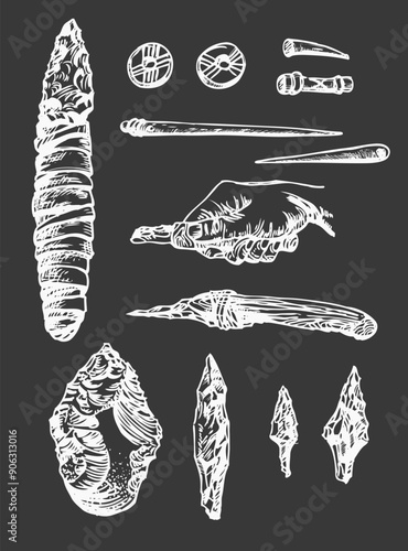 Set of ancient objects of primitive people. Historical artifacts are isolated objects. 
