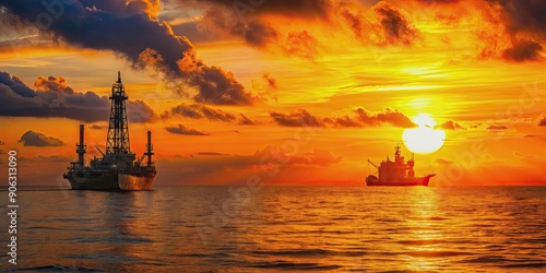 Fototapeta Naklejka Na Ścianę i Meble -  Silhouette view of a drilling rig and FPSO ship in sunset offshore background, drilling rig, FPSO ship, silhouette