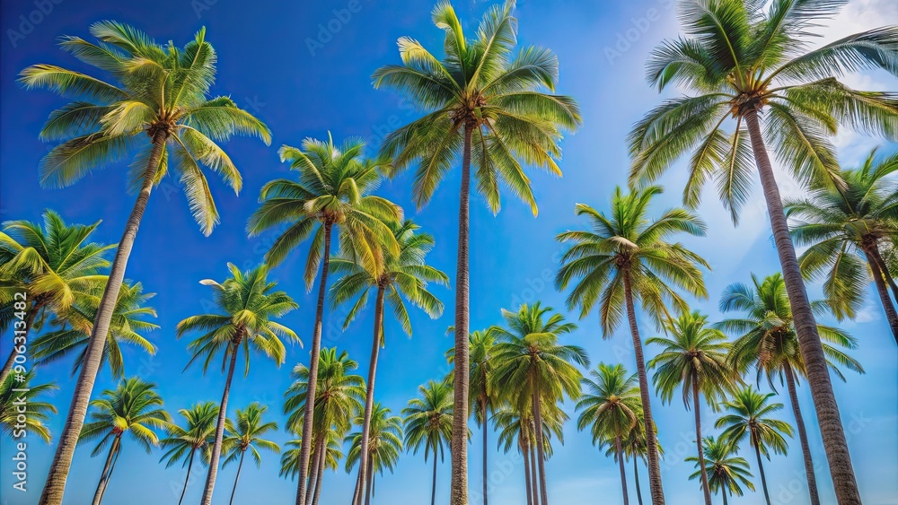 Tall palm trees standing tall against a clear blue sky, palm trees, tropical, sky, blue, nature, sunny, paradise, vacation Tall palm trees standing tall against a clear blue sky, palm trees, tropical, sky, blue, nature, sunny, paradise, vacation