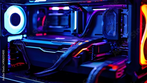 close-up of a high-end gaming PC build. The image highlights intricate components, RGB lighting, and precise cable 