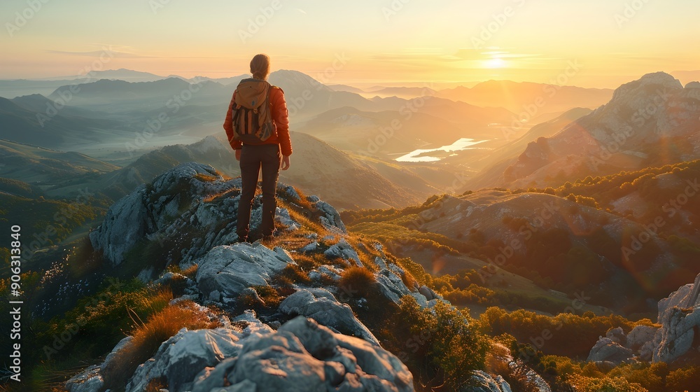 Fototapeta premium Hiker Stands on Mountain Peak Overlooking Breathtaking Valley at Sunrise