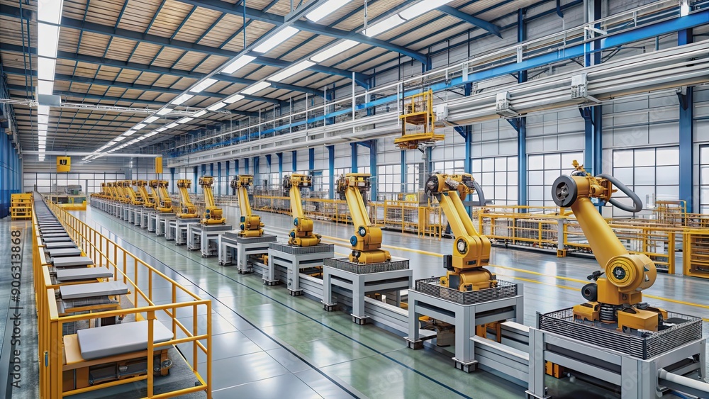 Robotic assembly factory with automated machines and conveyors, robotics, manufacturing, industry Robotic assembly factory with automated machines and conveyors, robotics, manufacturing, industry
