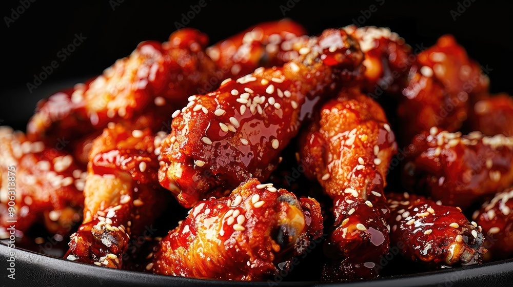 Delicious chicken wing coated in a rich, spicy sauce, garnished with sesame seeds, perfect for appetizers or game day snacks. Delicious chicken wing coated in a rich, spicy sauce, garnished with sesame seeds, perfect for appetizers or game day snacks.